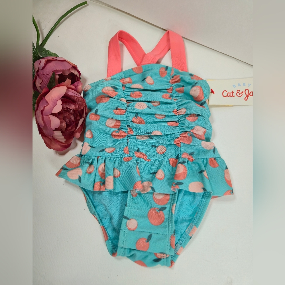 0-3 M Cat & Jack Baby Girl One Piece Swimsuit - Aqua and Coral. Target Baby